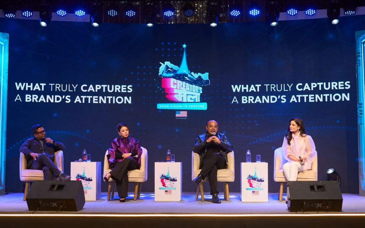 Cabinet Shrestha, third from left, on a stage panel at Creator Mela